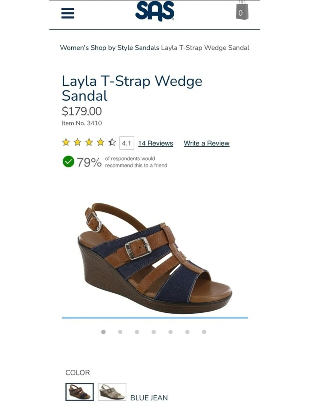 SAS Layla T-Strap Wedge Sandal Blue Jean and Brown Leather Size 9M